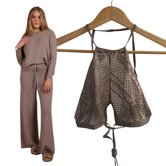Like New Free People Taupe High Neck Crop Top & Talulah Lounge Pants Set - Picture 3 of 3